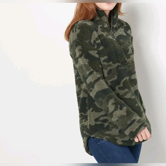 UGG Camo SHERPA PULLOVER Half Zip JACKET SWEATER Women L Thick Fleece - Picture 1 of 8